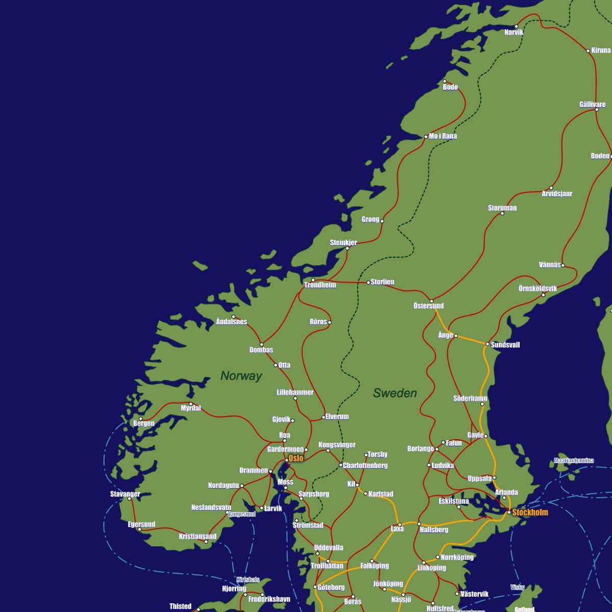 Karta över Norge tåg vägar