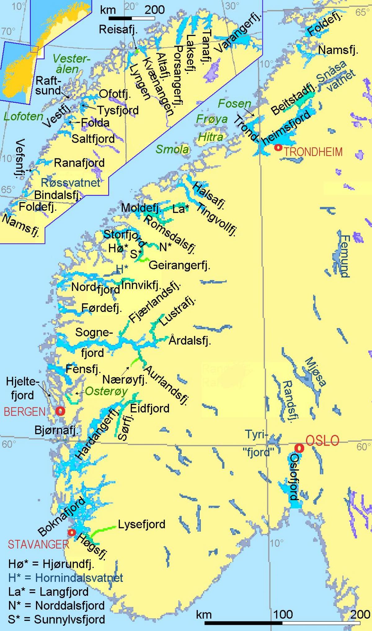 karta över Norge visar fjordar